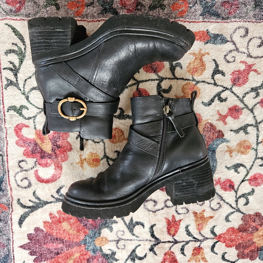 Sofft Jenine Black Leather Ankle Boots with Buckle